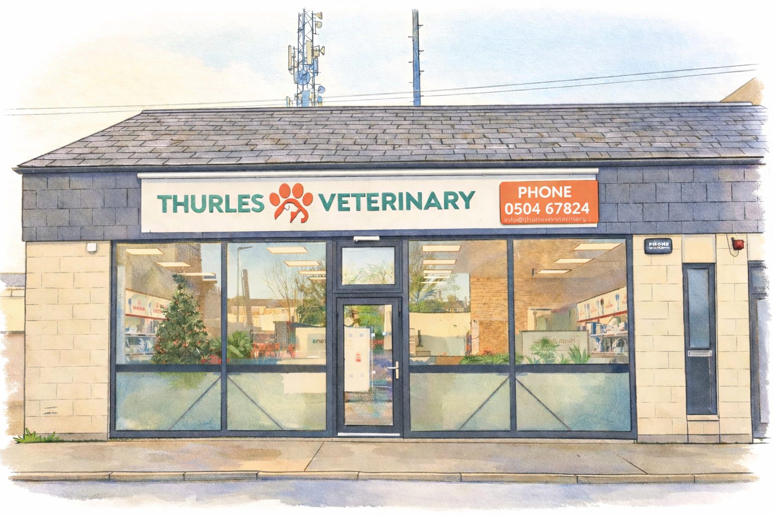 Watercolour of Thurles Veterinary Clinic's shopfront on Thomond Road